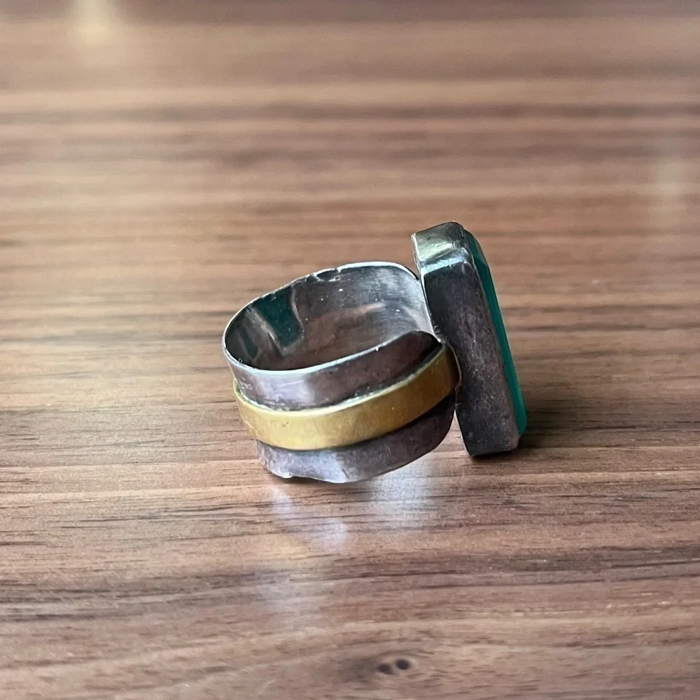 Vintage Art Deco Green Onyx Sterling Silver Ring with Gold Accents, wide band